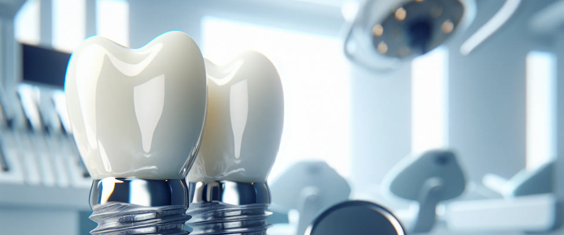 Close-up of two dental implants in a dental office setting.