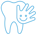 Illustration of a tooth with a palm hand and a happy face.