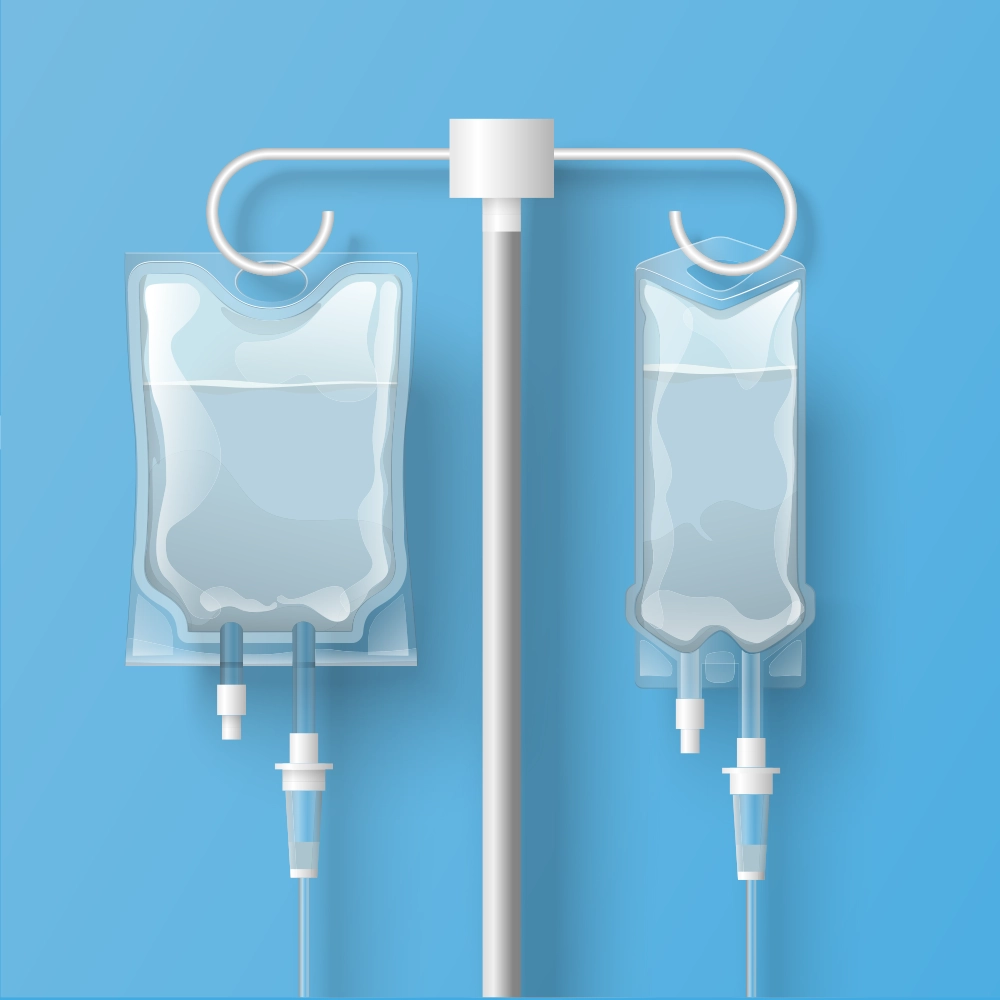 Two intravenous (IV) bags.