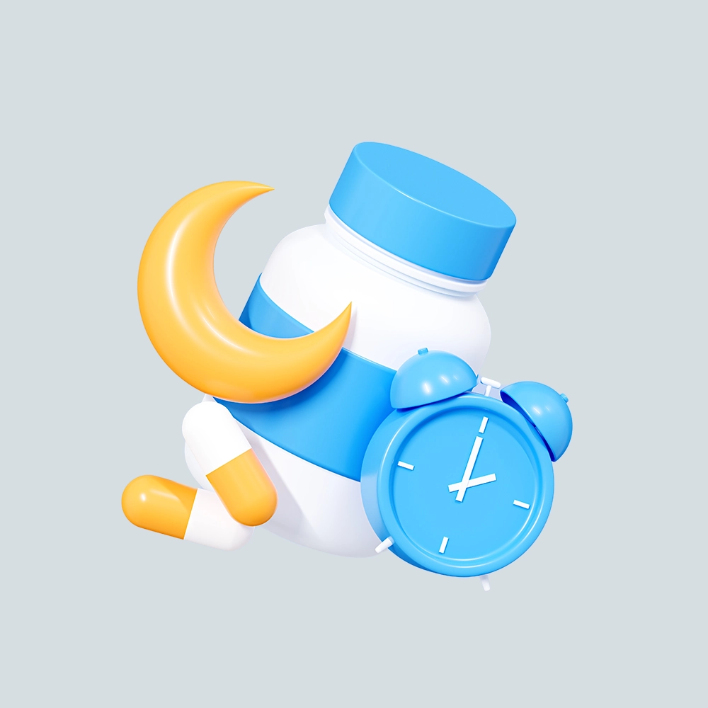 Illustration of a pill bottle surrounded by a moon and clock.
