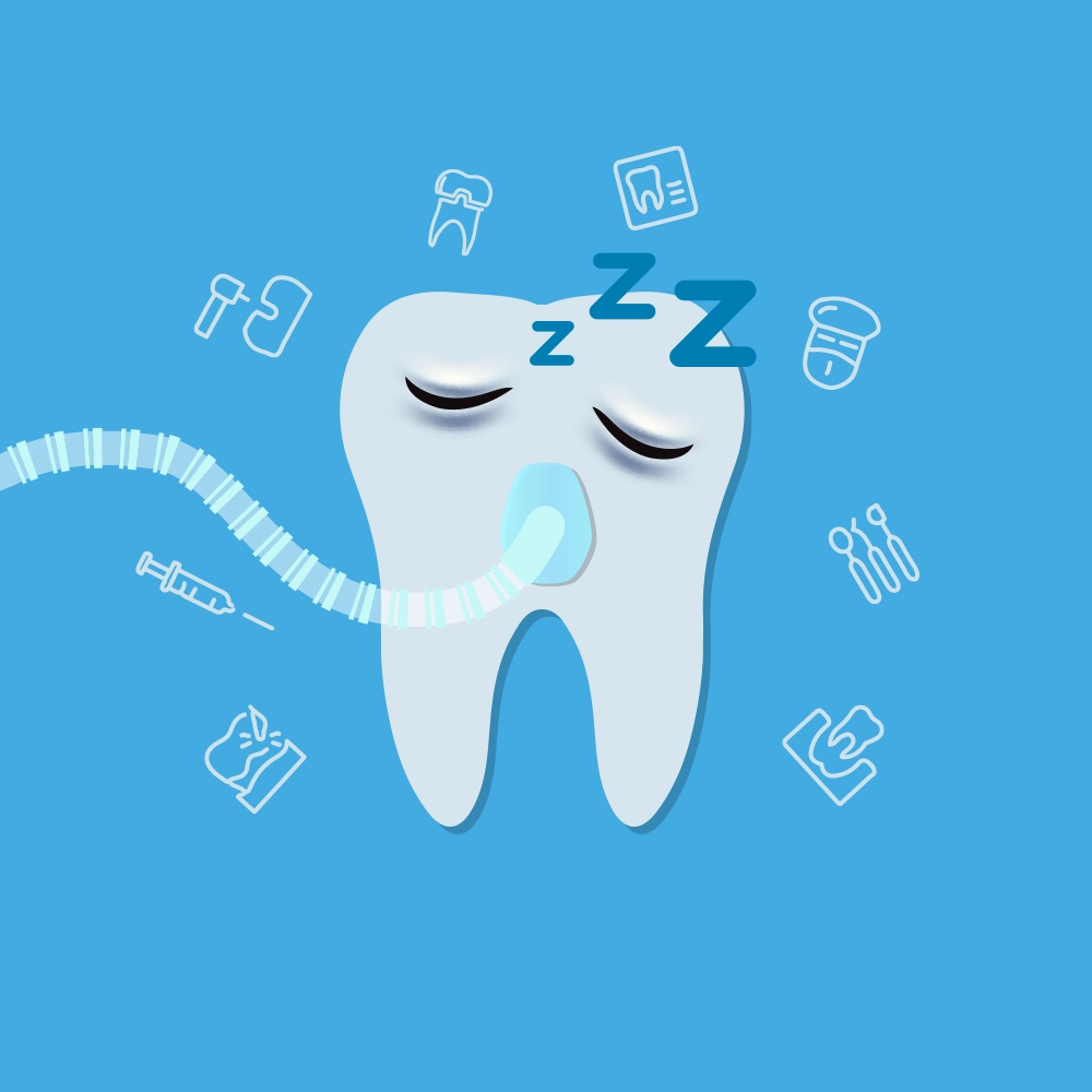 Illustration of a tooth sleeping with a sleep mask on.